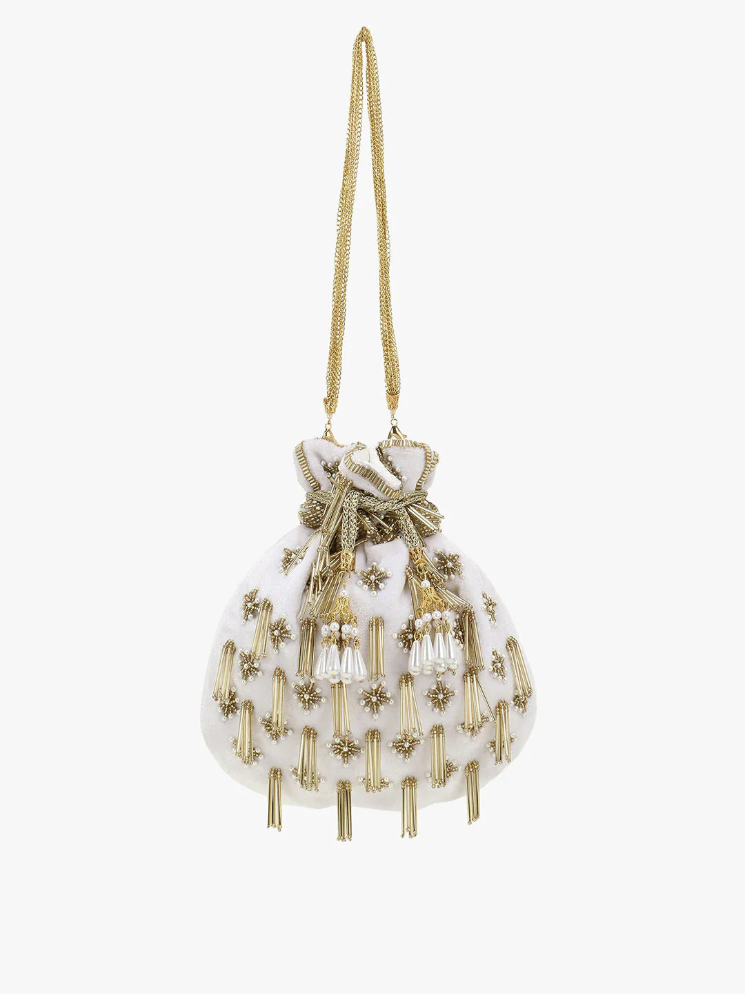 Anekaant White & Gold-Toned Embellished Tasselled Potli Clutch Mytrendzcart