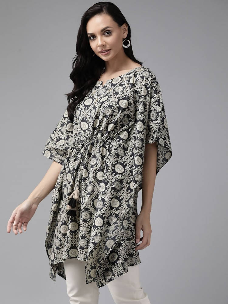 Yufta Women Black & Beige Printed Kaftan Kurta -M Mytrendzcart