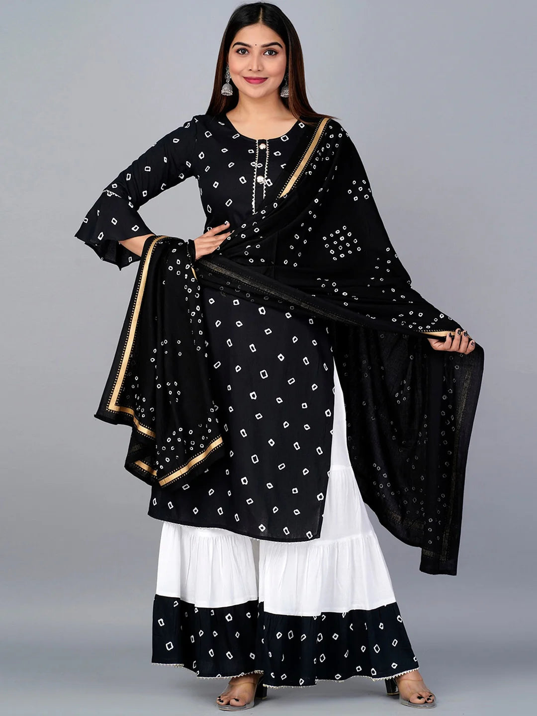 Kalini Bandhani Printed Kurta with Sharara & Dupatta -M Mytrendzcart
