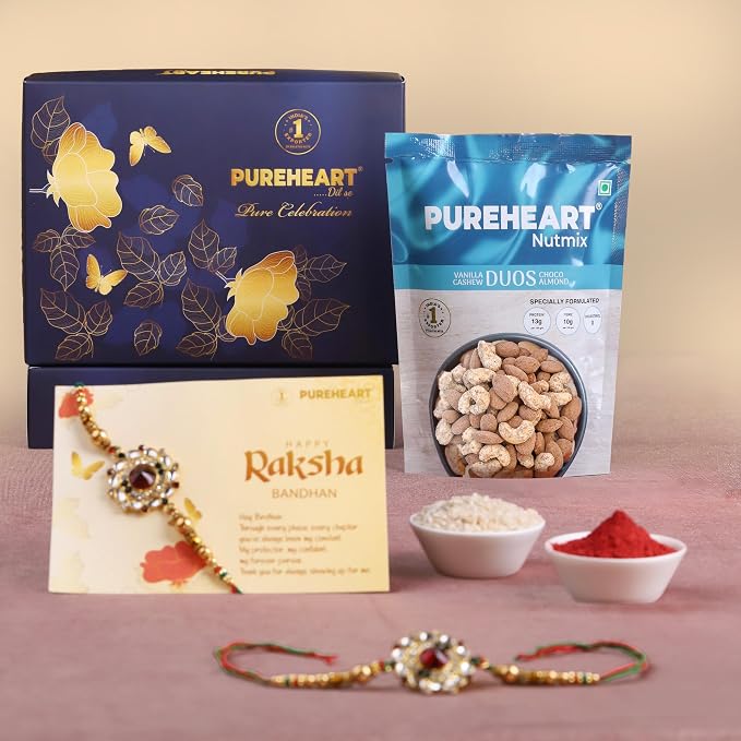 PUREHEART Rakhi Gift Hamper- Vanilla Cashew & Choco Almonds (80g) with Chocolate and Floral Rakhi for Brother, Gift Card, Pooja Rice, Kumkum - Dry Fruits and Nuts Gift