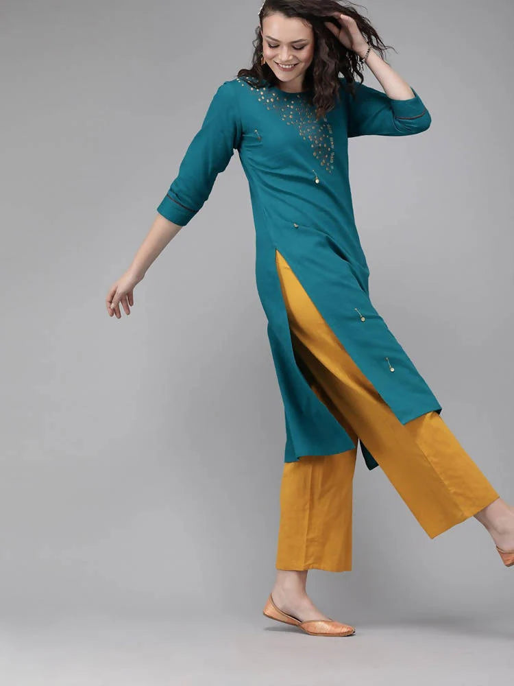 Yufta Women Teal Blue Embroidered straight Kurta -S Mytrendzcart