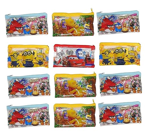 ShubhKraft Birthday Party Return Gift in Bulk for Kids | MultiPrint School Pencil Pouch with Zipper Lock | Stationery Case with Pencil/Eraser/Sharpner/Scale (Pack of 12, Multicolor) Mytrendzcart