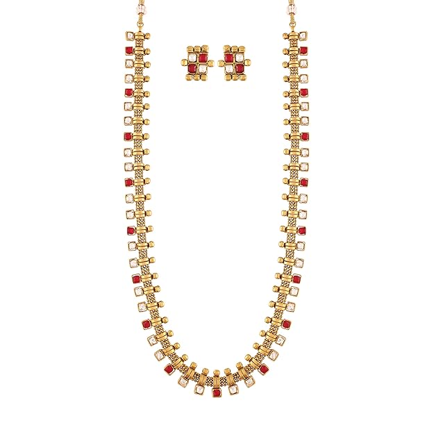 I Jewels 18K Gold Plated Traditional South Indian Stylish Multicolour Stone Work Long Necklace With Earrings For Women & Girls Mytrendzcart
