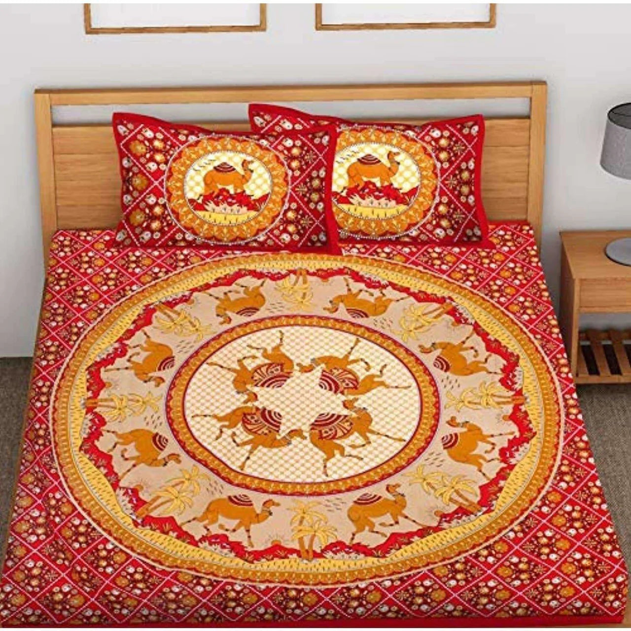 Printed Cotton King Size for Double Bedsheet with 2 Pillow Covers Red Color Mytrendzcart