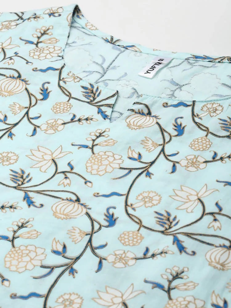 Yufta Women Blue & White Floral Printed Pure Cotton Kurta with Trouser & Dupatta -S Mytrendzcart