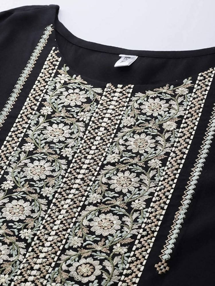 Yufta Women Black & Beige Yoke Design Kurta with Trouser & Dupatta -L Mytrendzcart