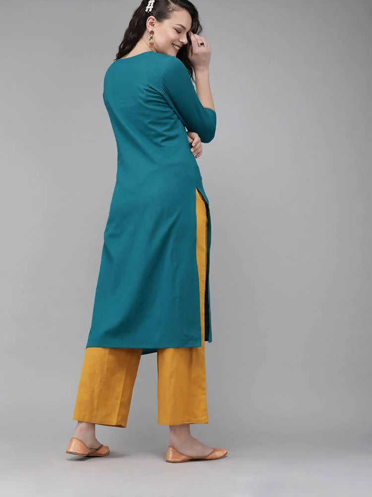 Yufta Women Teal Blue Embroidered straight Kurta -S Mytrendzcart