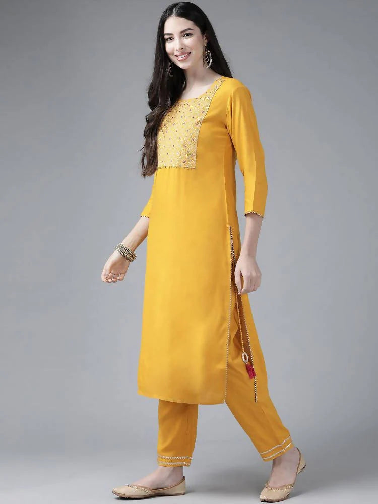 Yufta Women's Mustard Rayon Kurti With Pant Dupatta Set Mytrendzcart