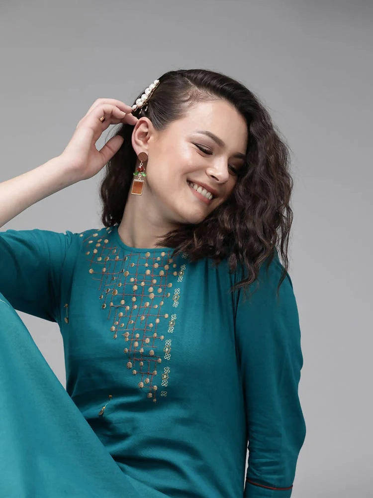 Yufta Women Teal Blue Embroidered straight Kurta -S Mytrendzcart