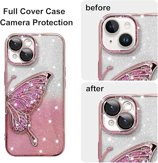 Mobistyle Designed For Iphone 14 Cover With Luxury Glitter Cute Butterfly Plating Design Aesthetic Women Teen Girls Back Cover Cases For Iphone 14 (Butterfly |Pink) - Silicone - Mytrendzcart