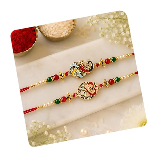 CraftVatika Kundan Rakhi Set for Brother Set of 2, Designer Peacock Rakhi for Brother Boy Men, Premium Kalash Raki for Bhaiya, Traditional Rakshabandhan Rakhis with Best Wishes Card and Tillak Set