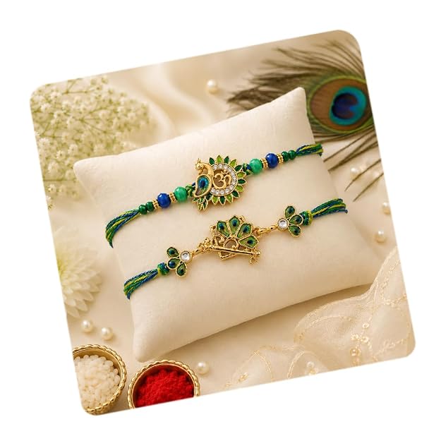 CraftVatika Kundan Rakhi Set for Brother Set of 2, Designer Peacock Rakhi for Brother Boy Men, Premium Kalash Raki for Bhaiya, Traditional Rakshabandhan Rakhis with Best Wishes Card and Tillak Set