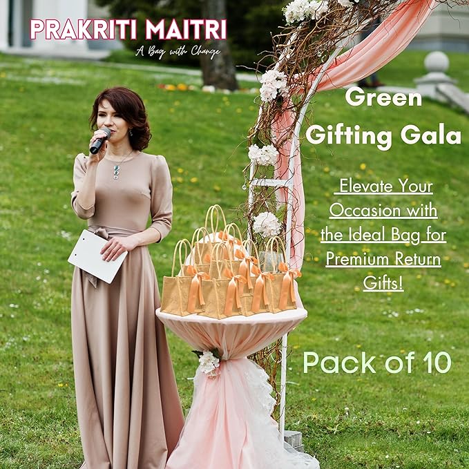 Prakriti Maitri 5/5/5 Inch Mini Gift Bags With Ribbon-Perfect Wedding Return Gift Jute Bag And Plantable Planter Bags Thamboolam Bags Pack Of 10(Pack Of 10), Brown Mytrendzcart