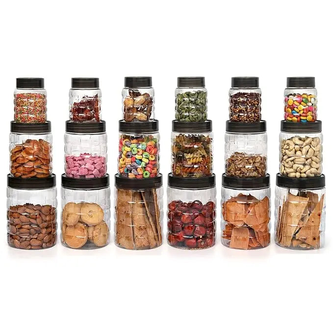 CELLO Checkers Pet Plastic Airtight Canister Set | Food grade and BPA free canisters | Air tight seal & Stackable Transparent | 300ml x 6, 650ml x 6, 1200 x 6, Set of 18 - Mytrendzcart