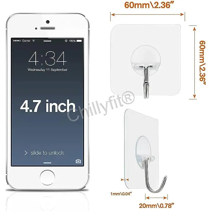 Chillyfit Wall Hooks for Hanging Strong, 10 Pack Adhesive Hooks for Wall Heavy Duty, Wall hangings, Kitchen Accessories Items, Clothes Hanging, Stainless Steel, Transparent - Mytrendzcart