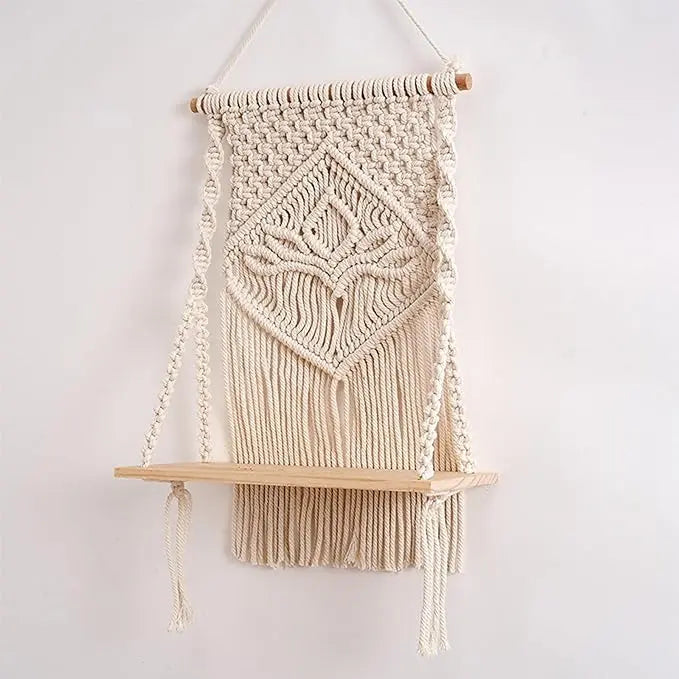 Decazone Macrame Indoor Wall Hanging Shelf Chic Decor Wood Floating Boho Shelves with Wooden Dowel Hand Woven Bohemian Decor for Apartment Dorm Bedroom Living Room Nursery Beige 60 x 30cm - Mytrendzcart