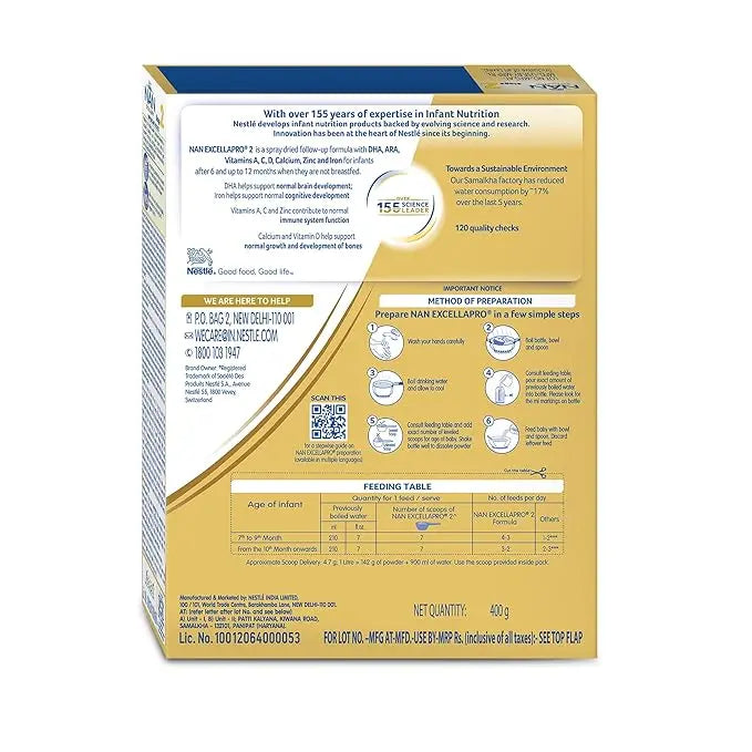 EXCELLAPRO Nestlé Nan Excellapro 2 Follow-Up Formula Powder - After 6 Months, Up To 12 Months, Stage 2, 400G Bag-In-Box Pack, Infant - Mytrendzcart
