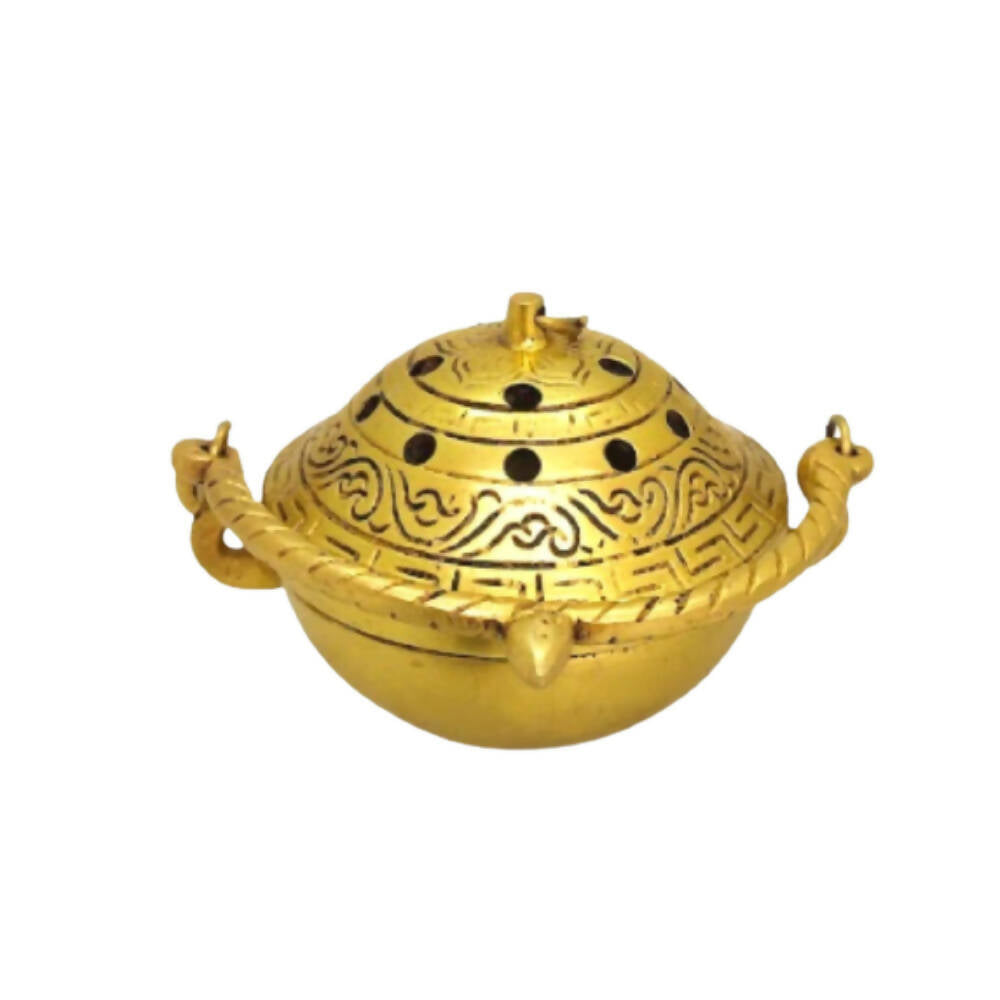 Tamas Brass Small Dhoop Burner with Handle and Lid (Golden) - Mytrendzcart