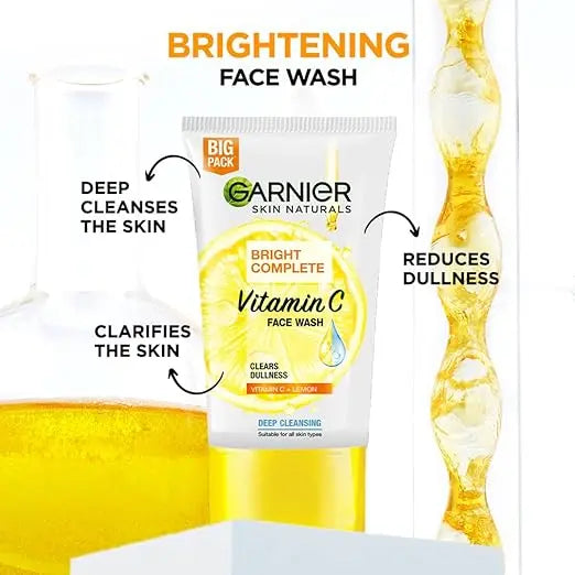 Garnier Skin Naturals Bright Complete Vitamin C Face Wash - Vitamin C Face Wash For Brighter and Glowing Skin - Daily Cleanser Suitable For all Skin Types, 150g - Mytrendzcart