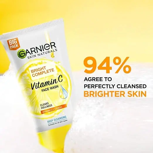 Garnier Skin Naturals Bright Complete Vitamin C Face Wash - Vitamin C Face Wash For Brighter and Glowing Skin - Daily Cleanser Suitable For all Skin Types, 150g - Mytrendzcart