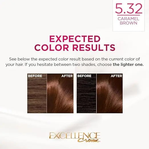 L'Oreal Paris Hair Colour, Radiant At-Home Hair Colour with up to 100% Grey Coverage, Excellence Creme, 5.32 Caramel Brown, 72ml+100g - Mytrendzcart