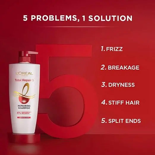 L'Oreal Paris Shampoo, For Damaged and Weak Hair, With Pro-Keratin + Ceramide, Total Repair 5, 1ltr - Mytrendzcart