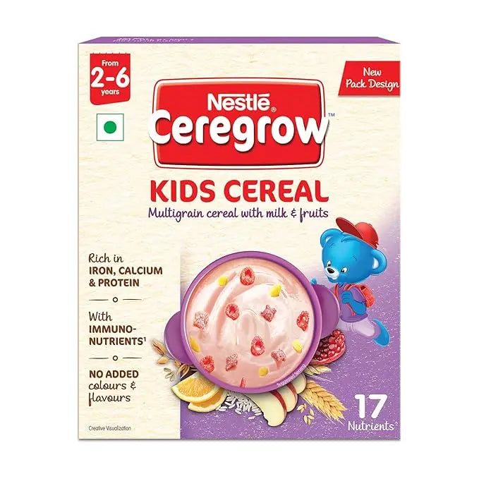 NESTLÉ CEREGROW Kids Cereal-Multigrain,Milk &Fruits|Rich in Iron, Calcium & Protein|Nutrient-Rich Tasty Breakfast |NO Added Colors or Flavors|16 Nutrients for Growth |300g - Mytrendzcart