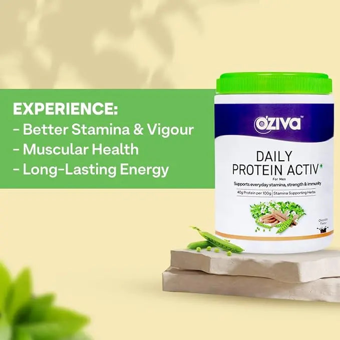 OZiva Daily Protein Activ for Men | Protein Powder for Men for Better Stamina, Muscular Health & Energy Levels | Big Muscle Protein with 40g Protein per 100g and Probiotic Bacteria 300g (Chocolate) - Mytrendzcart