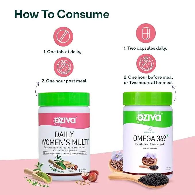 OZiva Daily Women’s Multi | Multivitamin capsules for Women with Shatavari & Brahmi | Supplements for Hormonal Balance & Stress Management (Wellness combo Pack) - Mytrendzcart