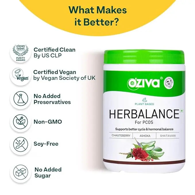 OZiva Plant Based HerBalance for PCOS Supplements for Women 250g, with Myo-Inositol, ChasteBerry, Shatavari, PCOS Supplements for Women Promoting Better Cycle & Hormonal Balance - Mytrendzcart