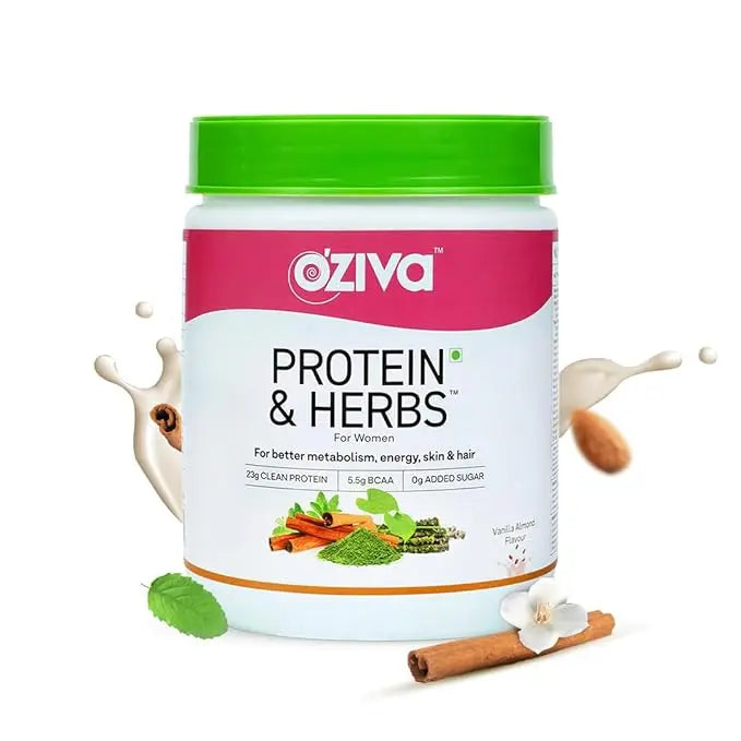 OZiva Protein & Herbs, Women, (Natural Protein Powder with Ayurvedic Herbs like Shatavari, Giloy, Curcumin & Multivitamins for Boosting Energy, Skin & Hair (Vanilla Almond, 1kg) - Mytrendzcart