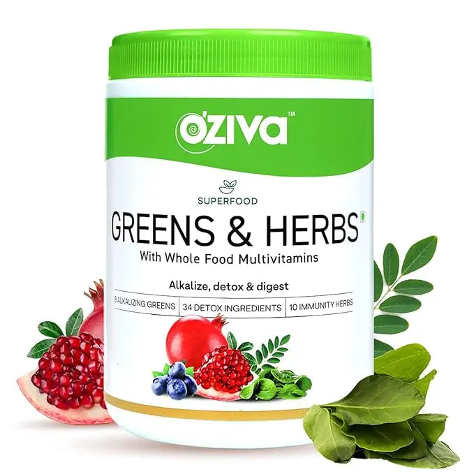 OZiva Superfood greens & Herbs 250g (Superfood Greens & Herbs + Glutathione, 250 g + 60 capsules) - Mytrendzcart