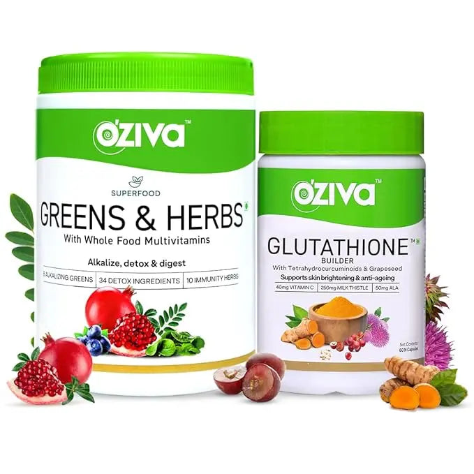 OZiva Superfood greens & Herbs 250g (Superfood Greens & Herbs + Glutathione, 250 g + 60 capsules) - Mytrendzcart