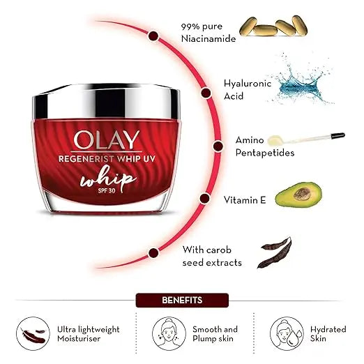 Olay Regenerist Whip Cream with SPF30 | Ultra Lightweight | Hydrated, Plump, Bouncy Skin | With Hyaluronic Acid, Niacinamide and Peptides | Normal, Oily, Dry, Combination Skin | 50g - Mytrendzcart