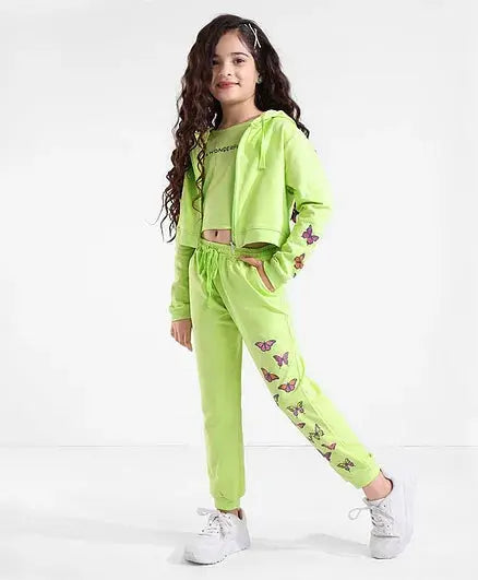 Ollington St. 100% Cotton Co-Ord Set of Full Sleeves Hoodie & Joggers With Inner Tee Butterfly Print - Neon Green - Mytrendzcart