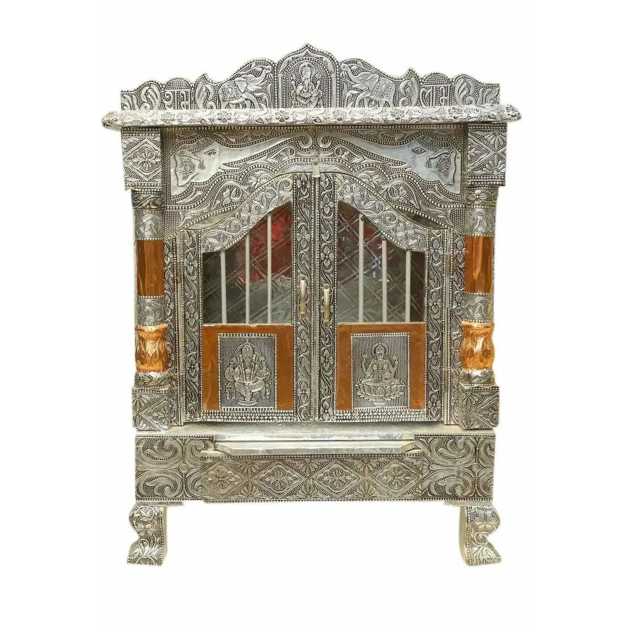 Silver Coated and Copper 2 Door Open Pooja Mandir / Pooja Mandiram Silver Coated and Copper - Mytrendzcart