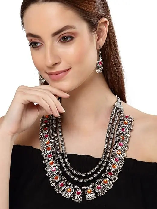 Shining Diva Fashion Latest Stylish Fancy Oxidised Silver Tribal Necklace Jewellery Set for Women (12164s), Multicolour, One - Mytrendzcart