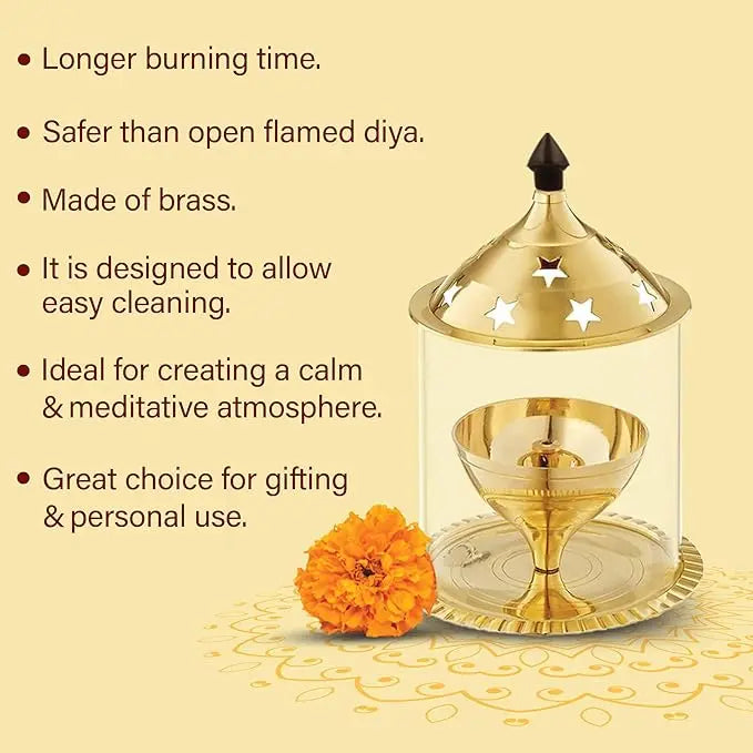 Shubhkart Nitya Akhand Jyot Aaradhya Brass Pooja Diya for Puja & Religious Rituals with Borosilicate Glass Cover for Home,Office & Temple | Traditional Gifting (6.8 Inch Height) - 251Gms - Mytrendzcart