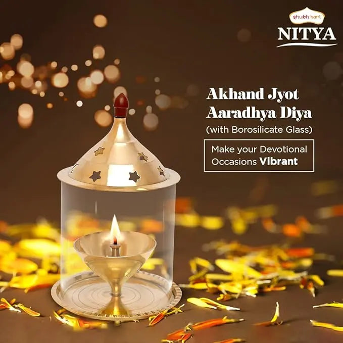 Shubhkart Nitya Akhand Jyot Aaradhya Brass Pooja Diya for Puja & Religious Rituals with Borosilicate Glass Cover for Home,Office & Temple | Traditional Gifting (6.8 Inch Height) - 251Gms - Mytrendzcart