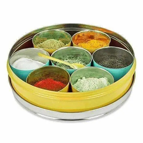 Stainless Steel Made Masala Box Spice Box Masala Dabba Container With Glass Lid 7 Compartments With 1 Spoon -Yellow - Mytrendzcart