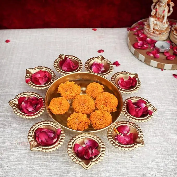 TIED RIBBONS Decorative Urli Bowl for Home Decor with 10 attached Oil Diyas for Floating Flowers and Tealight Candles (29 cm x 5 cm) - Decoration Items for Living Room Bedroom Table Pooja Room Office - Mytrendzcart