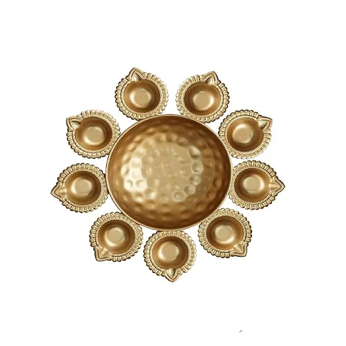 TIED RIBBONS Decorative Urli Bowl for Home Decor with 10 attached Oil Diyas for Floating Flowers and Tealight Candles (29 cm x 5 cm) - Decoration Items for Living Room Bedroom Table Pooja Room Office - Mytrendzcart