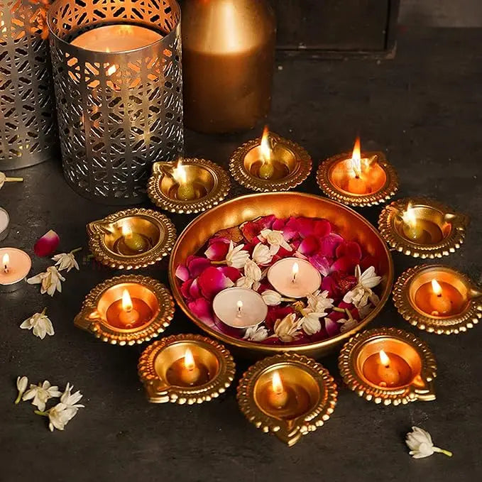 TIED RIBBONS Decorative Urli Bowl for Home Decor with 10 attached Oil Diyas for Floating Flowers and Tealight Candles (29 cm x 5 cm) - Decoration Items for Living Room Bedroom Table Pooja Room Office - Mytrendzcart