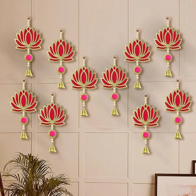 TIED RIBBONS Pack of 10 Wall Door Hanging Lotus Latkan Toran with Bells (22.8 cm x 9.6 cm) - Main Door Entrance Pooja Room Home Temple Wedding Festival Decor - Decoration Items for Home Decor - Mytrendzcart