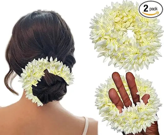 Temperia (2 Pcs) Scented Mogra Gajra Hair Accessories For Women & Girls - Hair Flower Bun Artificial Fake Gajra Scrunchies Rubber Band - Premium & Voluminous, White - Mytrendzcart