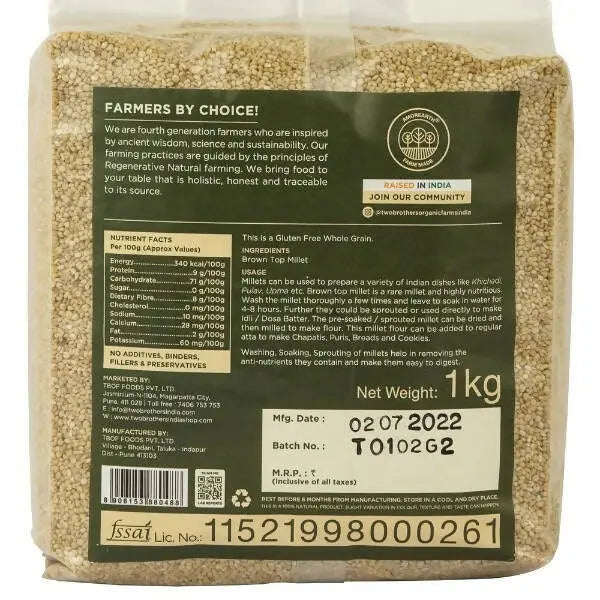 Two Brothers Organic Farms Brown Top Millets -1 kg - Mytrendzcart