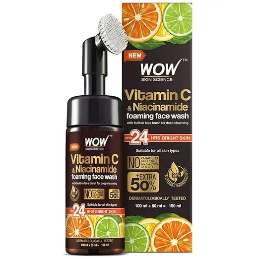 WOW Skin Science Brightening Vitamin C & Niacinamide Foaming Face Wash | For Brighter Glow | Built-in Brush for Deep Cleansing | Brightens Skin Tone & Reduces Pigmentation | Face Wash for Women & Men | 150ml - Mytrendzcart