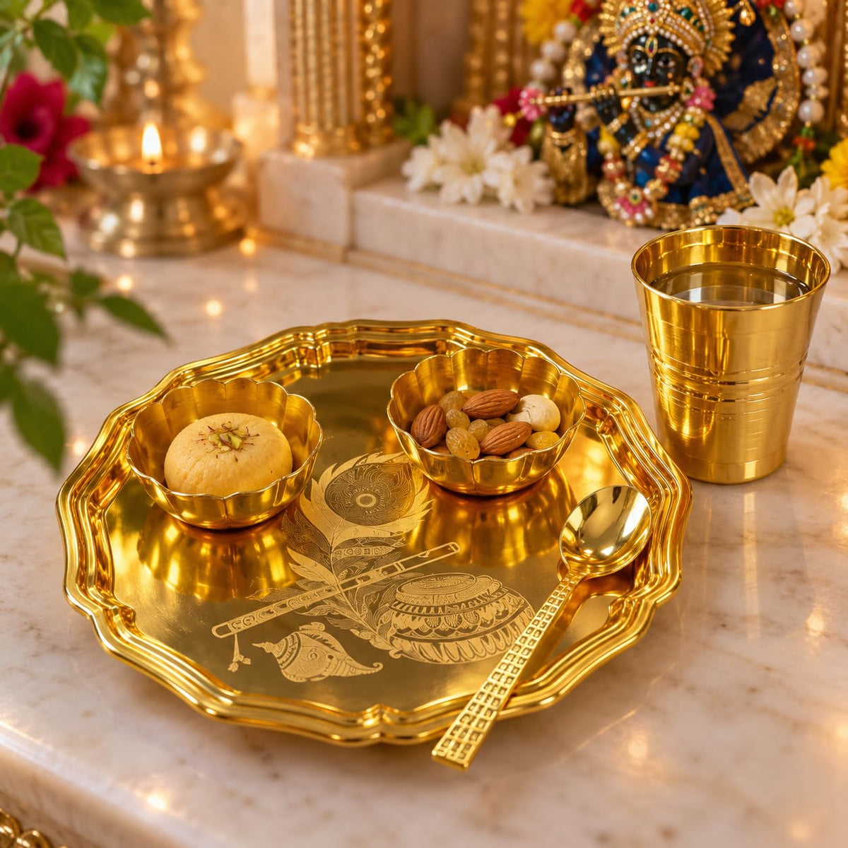 Bhog Thali Set, Gold Plated Finish (5 Pcs, Velvet Box)