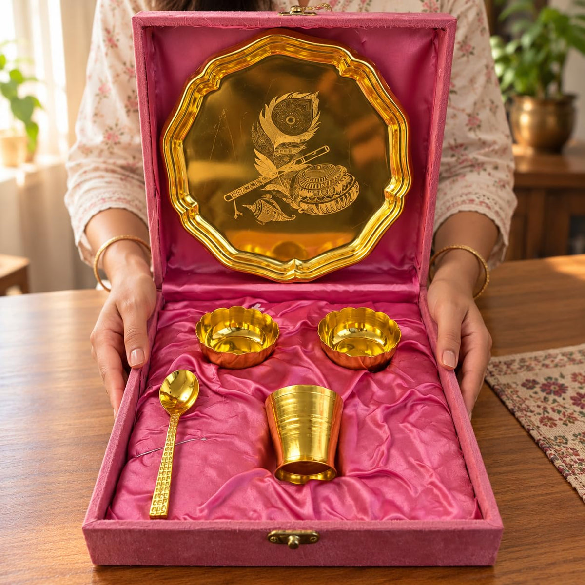 Bhog Thali Set, Gold Plated Finish (5 Pcs, Velvet Box)