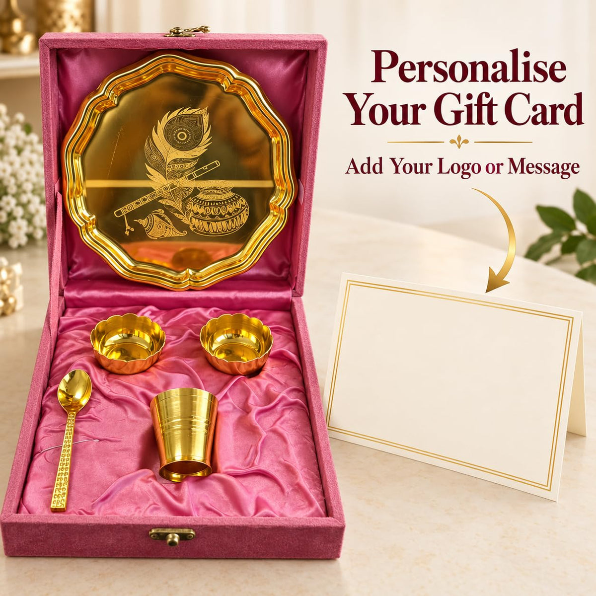 Bhog Thali Set, Gold Plated Finish (5 Pcs, Velvet Box)